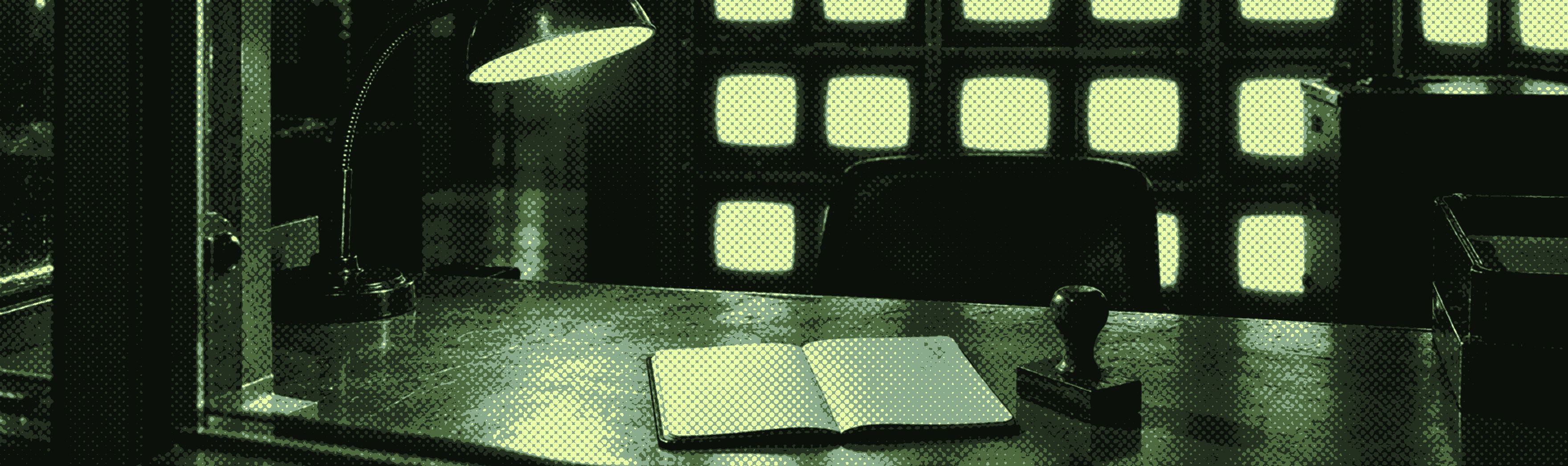 A border post: a wall of monitors behind the counter and an open passport under the lamp.