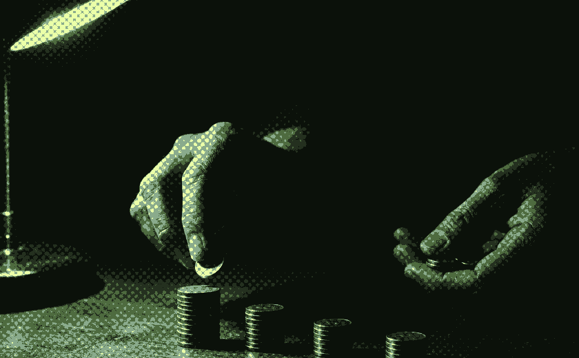 Coins dealt into four stacks.